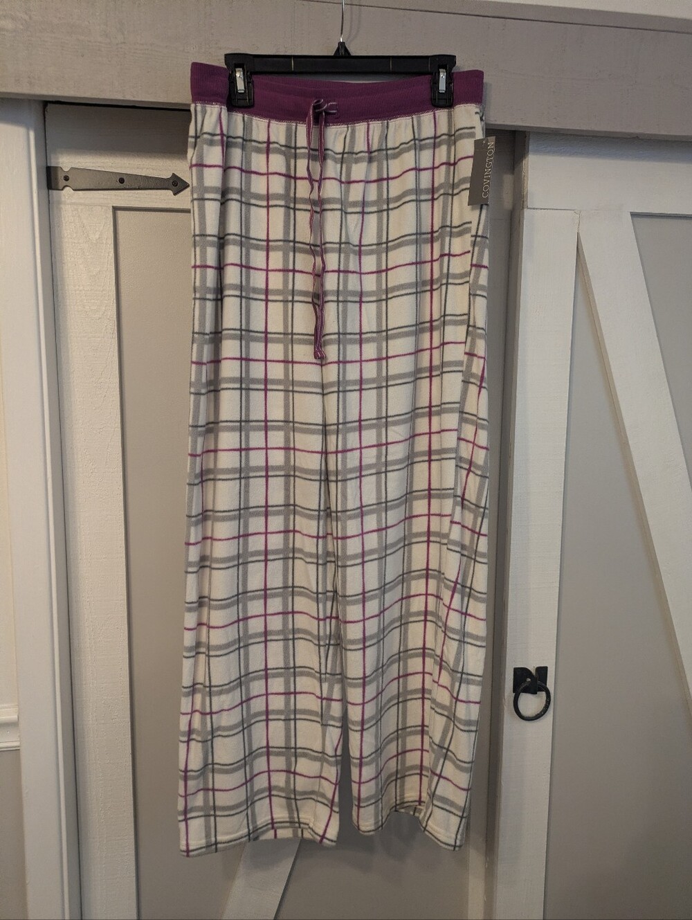 Women's Large Covington White Plaid Fleece Long Lounge Pants PJ Pants New